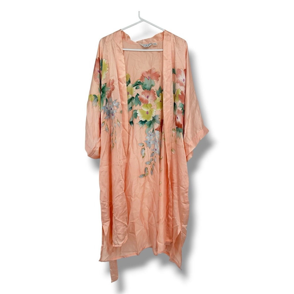 100% Silk Kimono Robe Women Peach Floral Belted Boho Long Duster Luxe OS